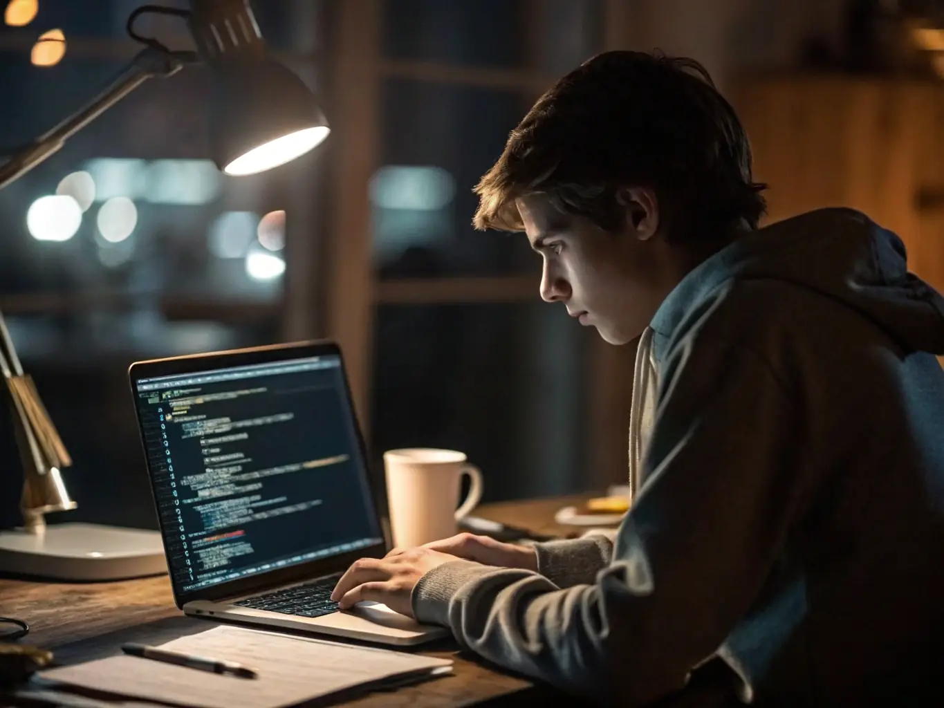 A focused student coding on a laptop, problem statements visible on the screen, symbolizing the dedication and expertise gained from the C++ course.