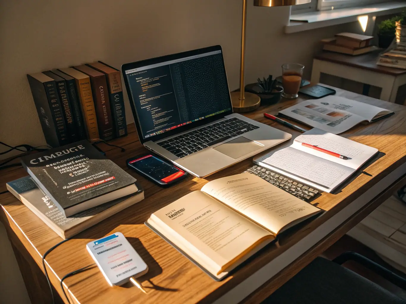 A stack of well-organized study guides and reference materials for C++, neatly arranged on a desk. The image emphasizes the importance of structured learning and comprehensive resources.