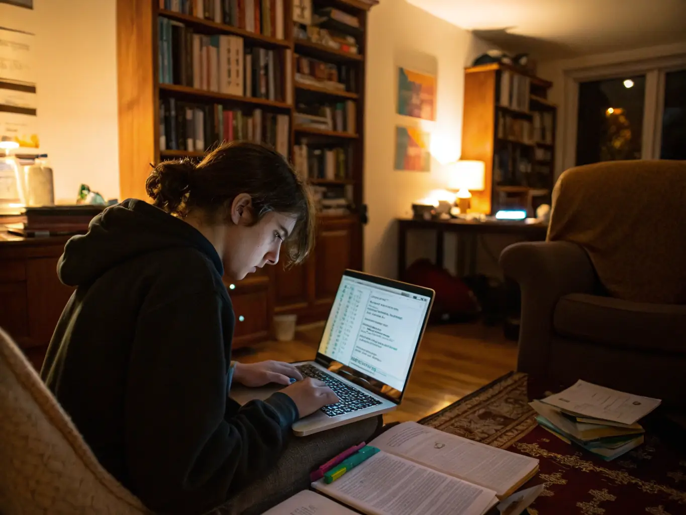 A student is working on a C++ project on their laptop, surrounded by textbooks and notes, in a brightly lit study environment. The scene conveys focus and dedication to learning.
